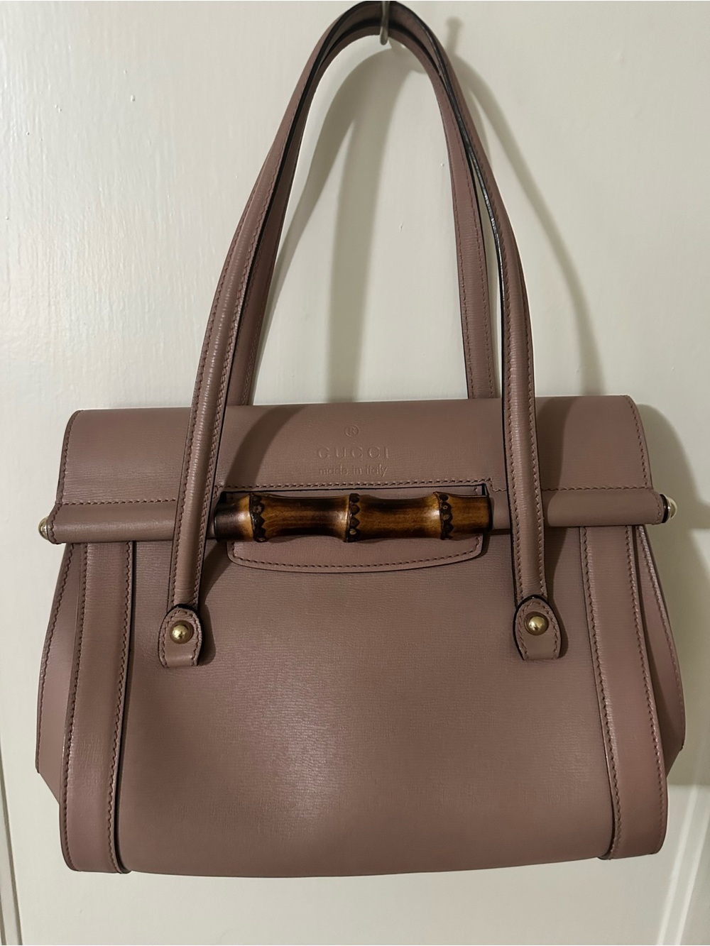 Gucci Bullet Bag Rosewood Mauve Leather Top-Handle Shoulder Bag with Bamboo